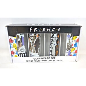 Friends TV Show Set of Four Glasses 10 oz 295 ml NEW IN BOX Ross Rachel Joey etc